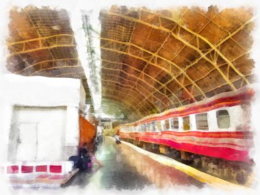 Tayland tren istasyonu suluboya resim çiziminin manzarası..