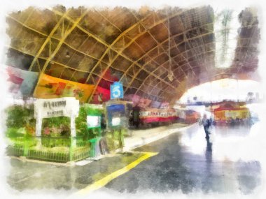 Tayland tren istasyonu suluboya resim çiziminin manzarası..