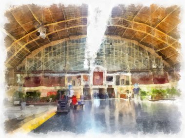Tayland tren istasyonu suluboya resim çiziminin manzarası..