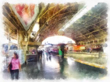 Tayland tren istasyonu suluboya resim çiziminin manzarası..