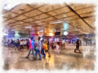 Tayland tren istasyonu suluboya resim çiziminin manzarası..