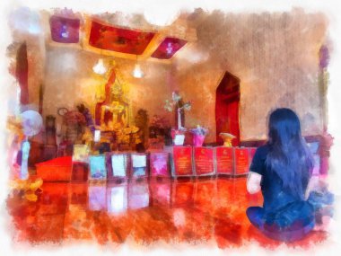 Bangkok 'taki antik mimarinin peyzajı suluboya resim çizimi empresyonisti.