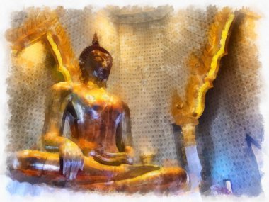 Bangkok 'taki antik altın Buda heykeli suluboya resim ressamı.