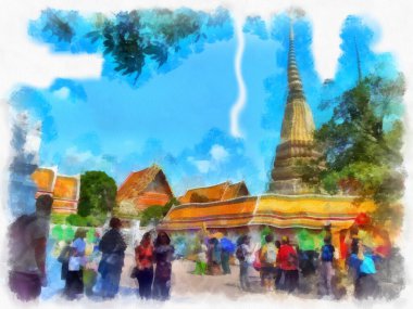 Bangkok 'taki antik mimarinin peyzajı suluboya resim çizimi empresyonisti.