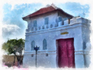 Bangkok 'taki antik mimarinin peyzajı suluboya resim çizimi empresyonisti.