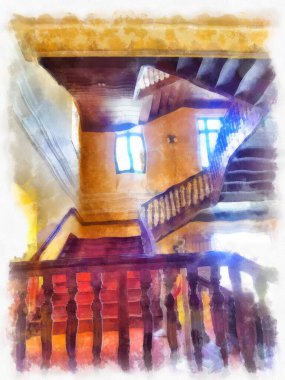 Bangkok 'taki antik mimarinin peyzajı suluboya resim çizimi empresyonisti.