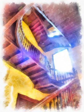 Bangkok 'taki antik mimarinin peyzajı suluboya resim çizimi empresyonisti.