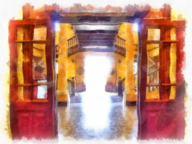 Bangkok 'taki antik mimarinin peyzajı suluboya resim çizimi empresyonisti.