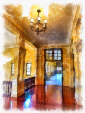 Bangkok 'taki antik mimarinin peyzajı suluboya resim çizimi empresyonisti.