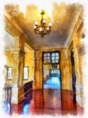 Bangkok 'taki antik mimarinin peyzajı suluboya resim çizimi empresyonisti.