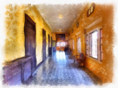 Bangkok 'taki antik mimarinin peyzajı suluboya resim çizimi empresyonisti.