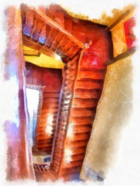 Bangkok 'taki antik mimarinin peyzajı suluboya resim çizimi empresyonisti.