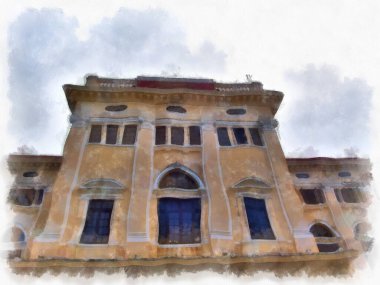 Bangkok 'taki antik mimarinin peyzajı suluboya resim çizimi empresyonisti.