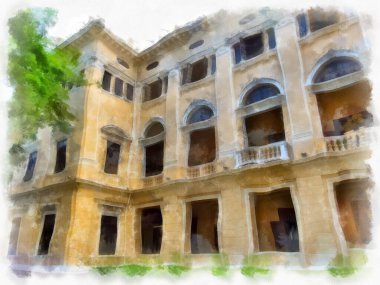 Bangkok 'taki antik mimarinin peyzajı suluboya resim çizimi empresyonisti.