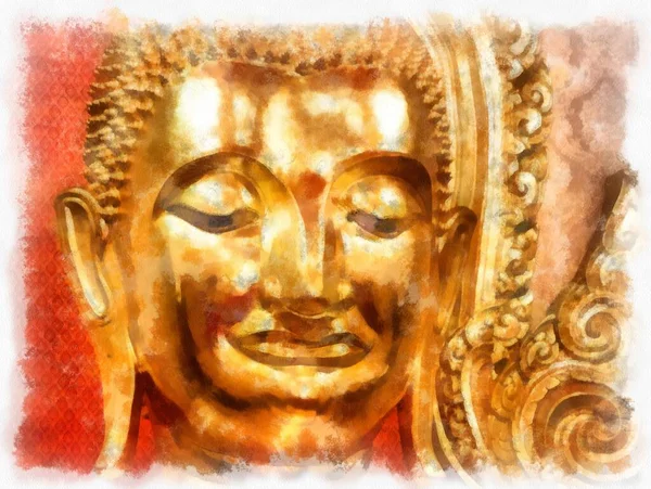 Starověký Zlatý Buddha Socha Bangkoku Akvarel Styl Ilustrace Impresionista Malba — Stock fotografie