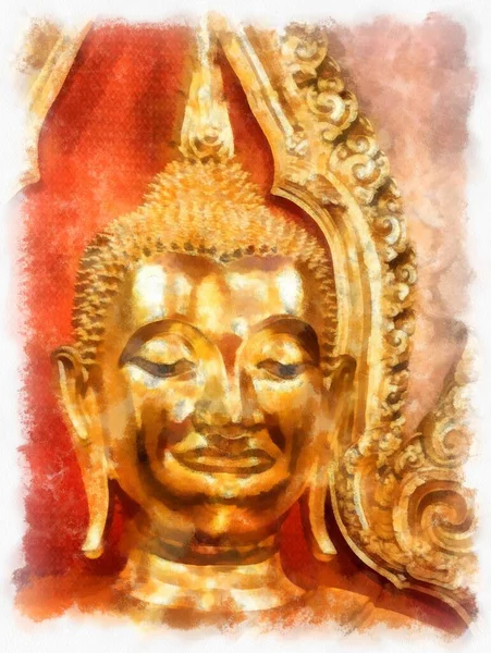 Antica Statua Buddha Dorato Bangkok Acquerello Stile Illustrazione Impressionista Pittura — Foto Stock