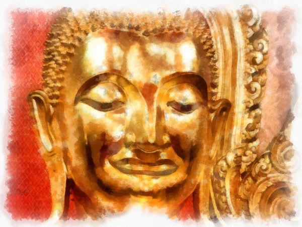 Estátua Buda Dourada Antiga Banguecoque Ilustração Estilo Aquarela Pintura Impressionista — Fotografia de Stock