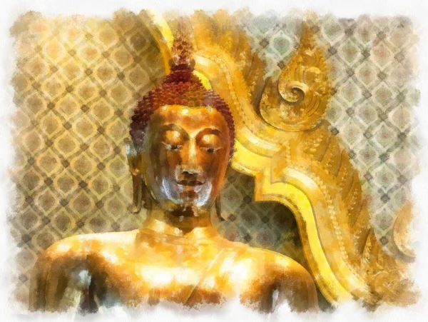 Bangkok 'taki antik altın Buda heykeli suluboya resim ressamı.