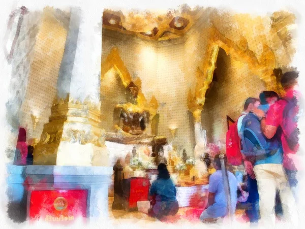 Oude Gouden Boeddha Standbeeld Bangkok Aquarel Stijl Illustratie Impressionistische Schilderij — Stockfoto