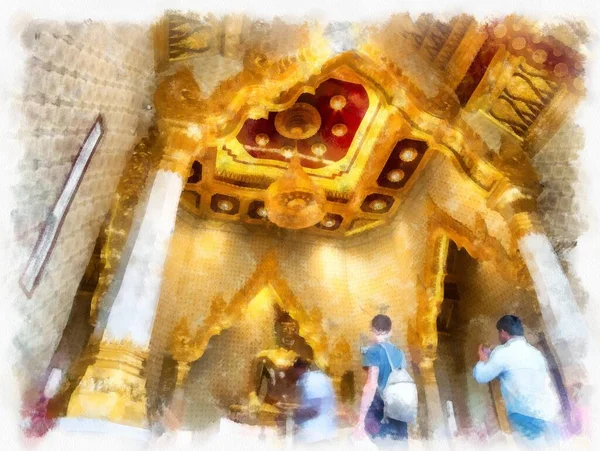 Bangkok 'taki antik altın Buda heykeli suluboya resim ressamı.