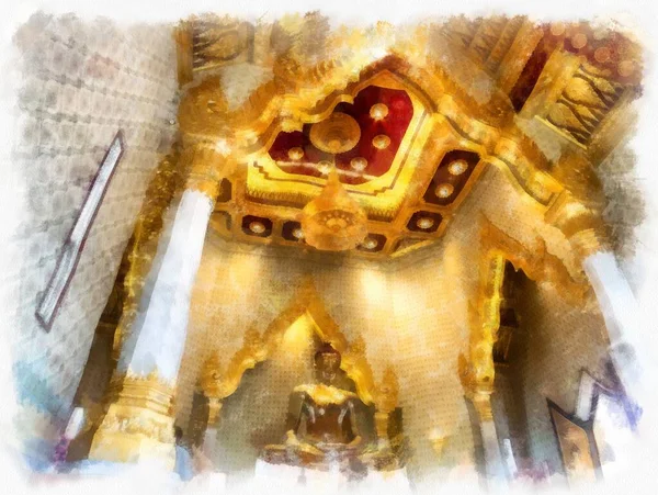 Bangkok 'taki antik altın Buda heykeli suluboya resim ressamı.