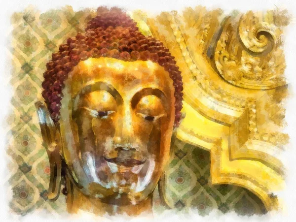 Starożytny Złoty Posąg Buddy Bangkoku Akwarela Styl Ilustracja Impresjonistyczne Malarstwo — Zdjęcie stockowe