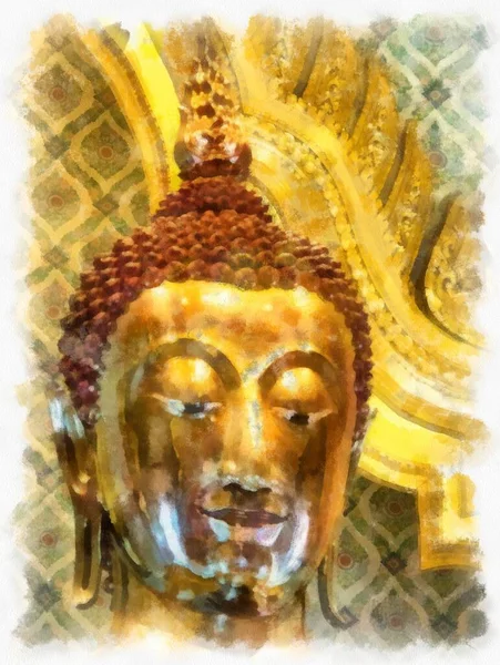 Bangkok 'taki antik altın Buda heykeli suluboya resim ressamı.