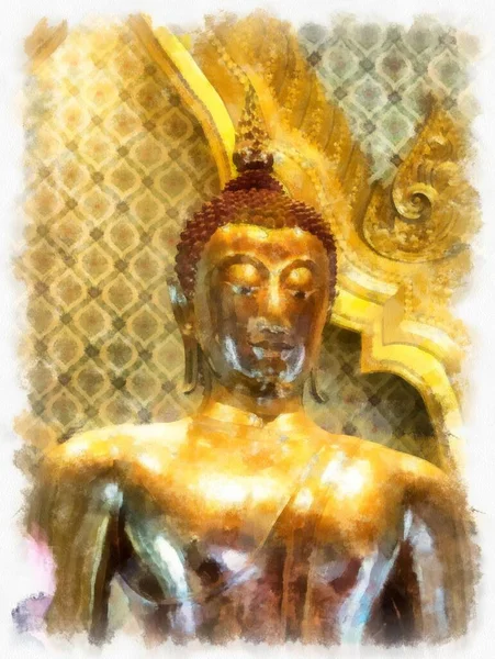 バンコクの古代黄金の仏像水彩画スタイルのイラスト印象派絵画 — ストック写真
