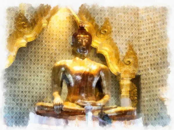 Ancienne Statue Bouddha Doré Bangkok Aquarelle Style Illustration Peinture Impressionniste — Photo