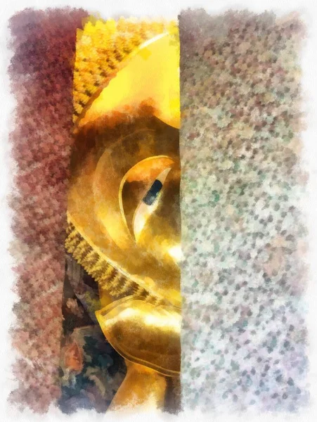 Bangkok 'taki antik altın Buda heykeli suluboya resim ressamı.