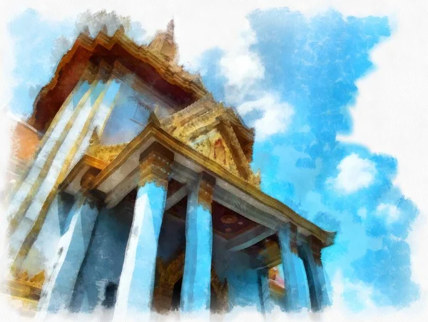 Bangkok 'taki antik mimarinin peyzajı suluboya resim çizimi empresyonisti.