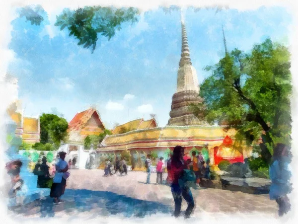 Krajina Starověké Architektury Bangkoku Akvarel Styl Ilustrace Impresionista Malba — Stock fotografie