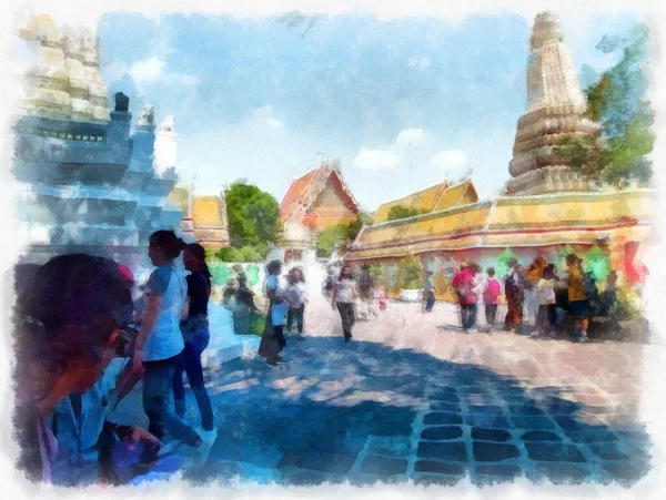 Bangkok 'taki antik mimarinin peyzajı suluboya resim çizimi empresyonisti.