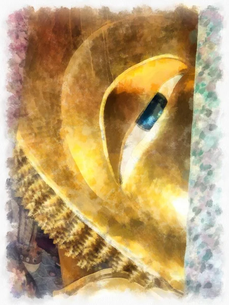 Bangkok 'taki antik altın Buda heykeli suluboya resim ressamı.