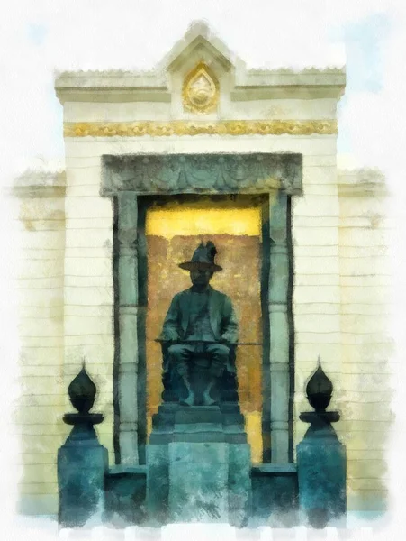 Bangkok 'taki Kral 1. Rama Anıtı' nın manzarası suluboya resim ressamı Empresyonist.