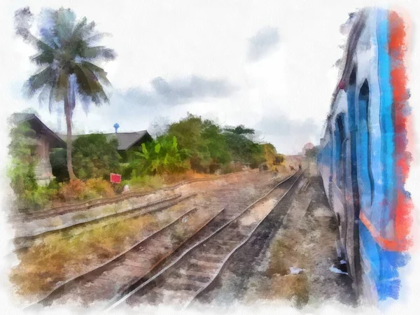 Ταϊλανδικό Τρένο Ακουαρέλα Στυλ Εικονογράφηση Ιμπρεσιονιστής Ζωγραφική — Φωτογραφία Αρχείου