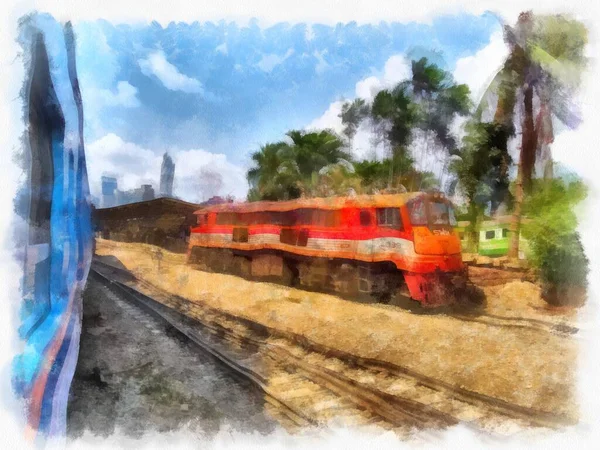 Thai Train Watercolor Style Illustration Impressionist Painting — Stock Photo, Image