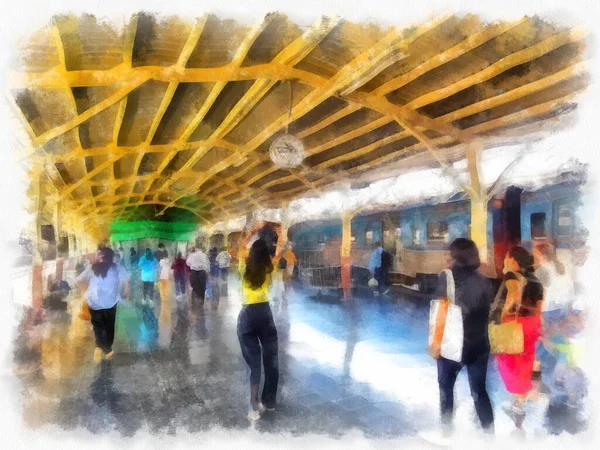 Tayland tren istasyonu suluboya resim çiziminin manzarası..