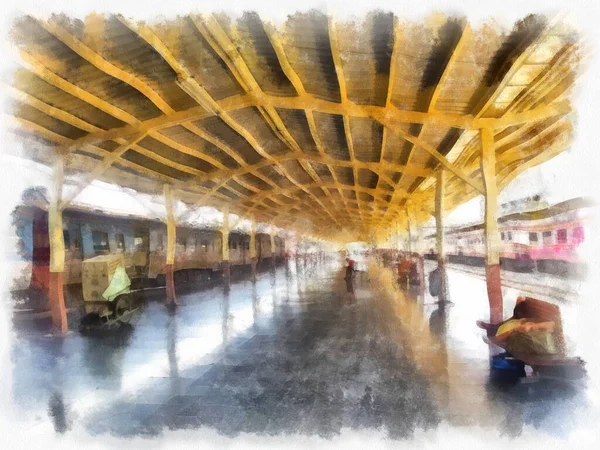 Die Landschaft Des Thailändischen Bahnhofs Aquarell Stil Illustration Impressionistische Malerei — Stockfoto