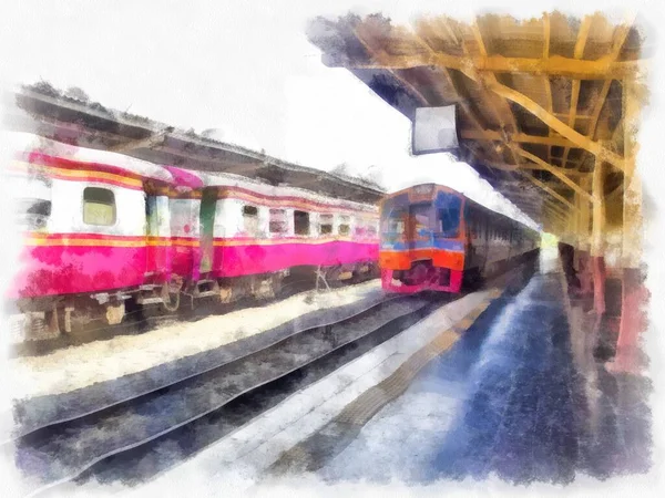 Scenario Della Stazione Ferroviaria Tailandese Acquerello Stile Illustrazione Impressionista Pittura — Foto Stock