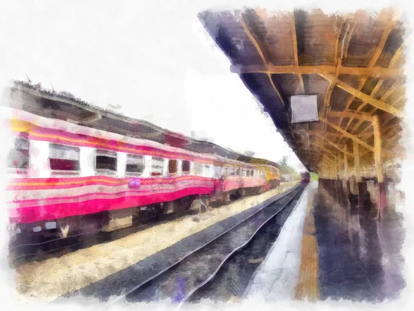 Landskapet Den Thailändska Tågstationen Akvarell Stil Illustration Impressionist Målning — Stockfoto