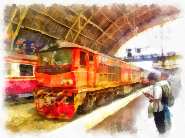 Paisagem Estação Trem Tailandesa Aquarela Estilo Ilustração Pintura Impressionista — Fotografia de Stock