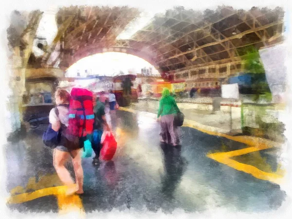 Tayland tren istasyonu suluboya resim çiziminin manzarası..