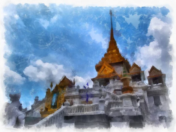 Landschap Van Oude Architectuur Bangkok Aquarel Stijl Illustratie Impressionistische Schilderkunst — Stockfoto