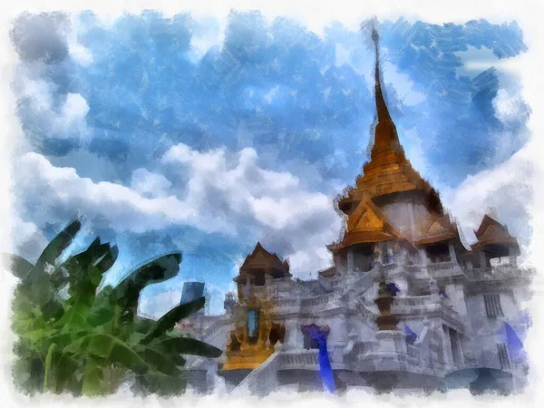 曼谷古建筑景观水彩画 印象派绘画 — 图库照片