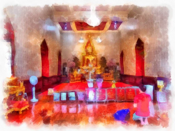 Bangkok 'taki antik mimarinin peyzajı suluboya resim çizimi empresyonisti.