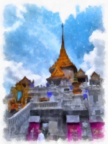 Tájkép Ősi Építészet Bangkok Akvarell Stílusú Illusztráció Impresszionista Festmény — Stock Fotó