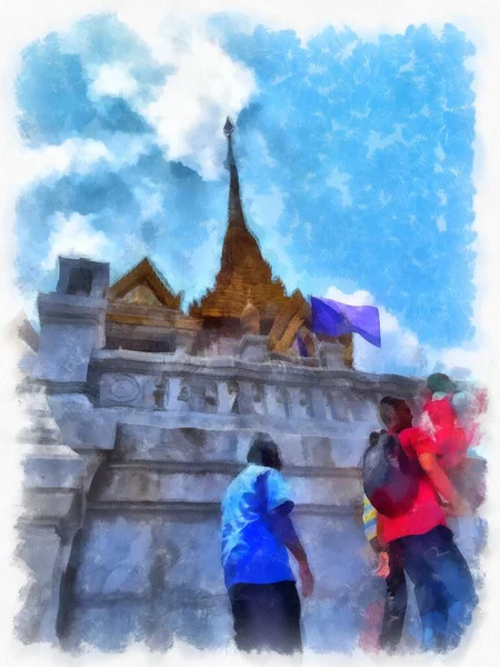 Bangkok 'taki antik mimarinin peyzajı suluboya resim çizimi empresyonisti.