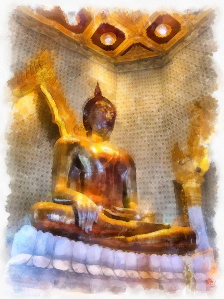 Αρχαία Χρυσό Άγαλμα Του Βούδα Στην Μπανγκόκ Εικονογράφηση Στυλ Ακουαρέλα — Φωτογραφία Αρχείου