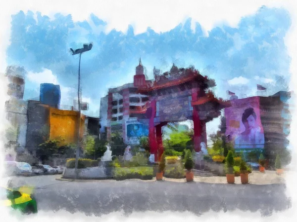 Пейзаж Древней Архитектуры Бангкоке Акварельный Стиль Иллюстрации Импрессионистская Живопись — стоковое фото